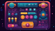 © Ruhi - Game design interface with glossy buttons and panels. Vector cartoon set of ui elements different colors, circle buttons with icons, bars, sliders, arrows and login frame