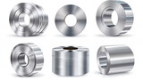 Steel sheet roll, stainless construction tape coil isolated on white background. Metallurgy industry production. Vector realistic set of metal, aluminium or tin sheet roll in front, top and angle view