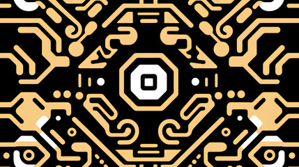 Poster - Abstract Electronic Circuit Pattern Design in Black and Gold with Geometric Precision