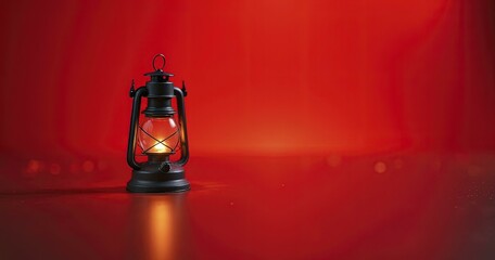 Wall Mural - Vintage Black Metal Lantern with Glowing Flame on Red Gradient Background