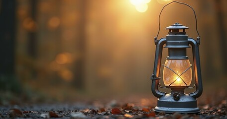 Wall Mural - Antique Black Lantern with Amber Light on Forest Path at Sunset