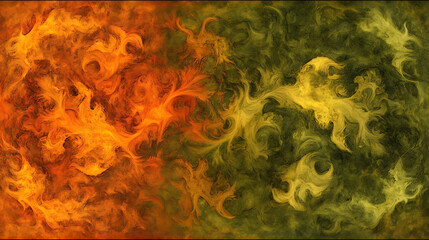 Poster - abstract fusion of fire and verdant energy dynamic composition featuring swirling fiery yellow color