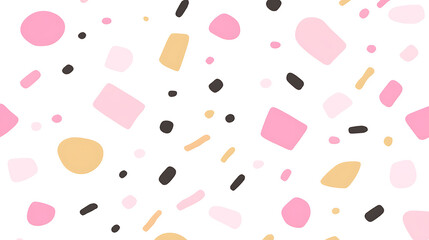 Poster - abstract terrazzo pattern with pink tan and black shapes scattered on a white background