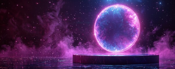 Poster - Vibrant futuristic podium with glowing neon circles and purple misty atmosphere