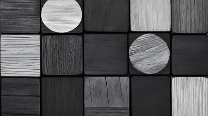 Poster - Abstract Wood Blocks Arrangement Featuring Circular Highlights a Study in Texture Contrast and Geometry