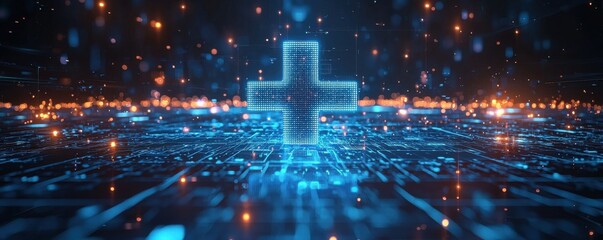 Poster - Futuristic Digital Cross Symbol Representing Technology and Medical Advancements