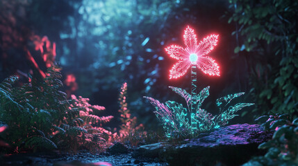 Wall Mural - Vibrant Glowing Flower in a Mystical Forest. A luminous flower surrounded by enchanting foliage, perfect for fantasy-themed artwork or digital environments.