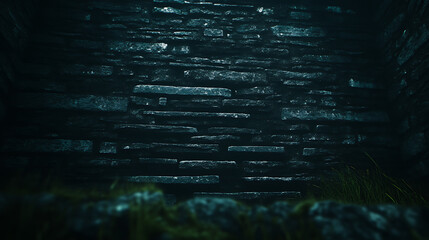 Poster - Ancient Stone Well Interior with Glimpse of Sunlight and Moss Covered Rocks at the Bottom