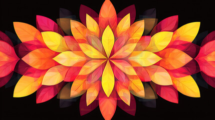 Poster - Artistic Flower Arrangement of Transparent Leaves in Vivid Red Orange and Yellow Hues on Black