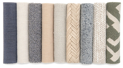 Poster - Assorted Textural Fabric Rolls Neutral Tones Textile Variety Material Display Creative Arrangement
