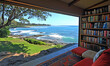 © Swaha - Serene coastal reading room with ocean view; relax and read books in tranquil setting.
