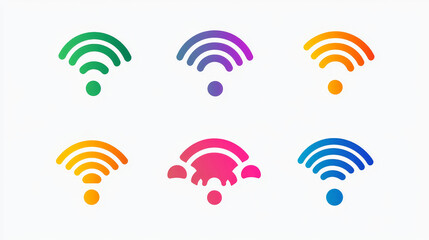Poster - Neon icons of wifi signal. Circle symbol of sound wave, wireless internet or radio. Abstract sign of digital sonic technology, vector set isolated on transparent background