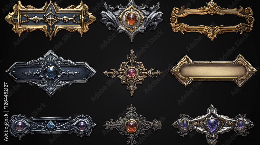 Empty circle silver and gold frames in medieval style for game ui ...