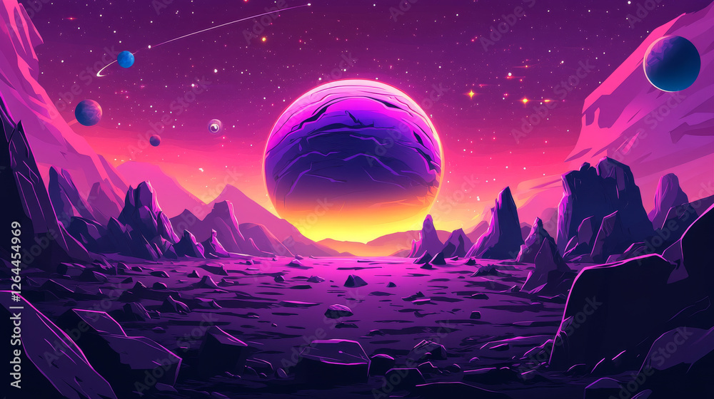 Ilustración de Stock Space background with purple planet landscape ...