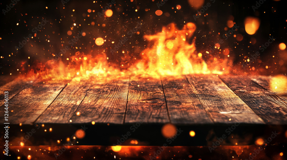 Oven fire burning at edge of wooden table. Vector realistic ...