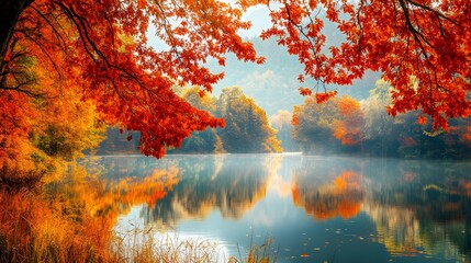 Wall Mural - A peaceful lake surrounded by trees with red and yellow leaves