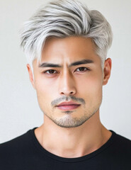 Wall Mural - a handsome Japanese man with light gray hair in a short, fashionable hairstyle. He has smooth, white skin against a plain, white background.