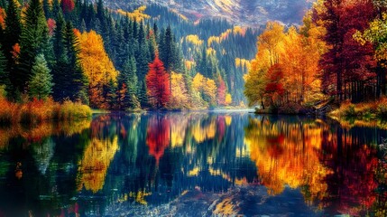 Wall Mural - A peaceful lake surrounded by trees with red and yellow leaves