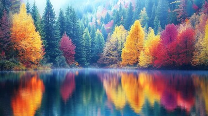 Wall Mural - A peaceful lake surrounded by trees with red and yellow leaves