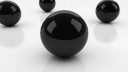 Poster - Collection of Dark Spheres on a White Surface Simulating Physical Laws and Reflections in Digital Art