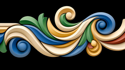 Poster - Colorful Abstract Ornamented Design on Black Backdrop with Artistic Swirls and Curves Decoration