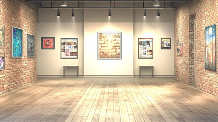 Poster - empty room with white brick walls, wooden floor and ceiling lamps. vector realistic 3d interior of s