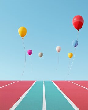 Reach for the Sky: A vibrant collection of colorful balloons ascends towards a clear blue sky above a red running track, symbolizing ambition, dreams, and the pursuit of success. 