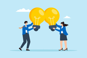 Poster - Flat illustration of businessman and businesswoman combine lightbulb together symbolizing synergy and collaborative idea