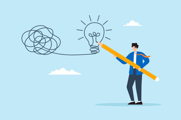 Poster - Flat illustration of businessman draw lightbulb from messy knot to simplify complex business problem