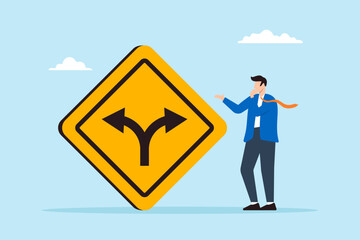 Poster - Flat illustration of businessman contemplate which way to go with fork road yellow warning sign to decide career path