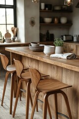 Wall Mural - a stylish scandinavian kitchen featuring wooden bar stools