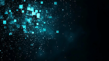 Poster - Data Flow Visualisation With Teal Cubes and Particles on a Dark Gradient Background Pattern