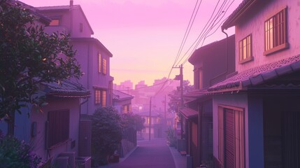 Wall Mural - Serene Sunrise Over Calm Residential Street in Soft Pink Light