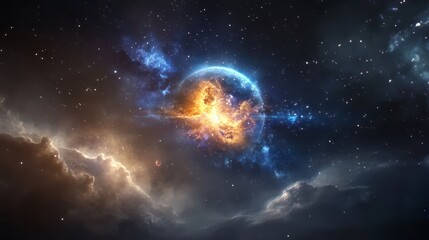 Wall Mural - A planet exploding in space, surrounded by nebula clouds. The explosion is glowing with blue and orange light against the dark background of stars. 