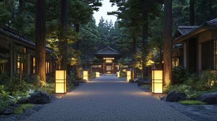 Wall Mural - Serene Pathway with Lit Lanterns Leading to Tranquil Hot Spring