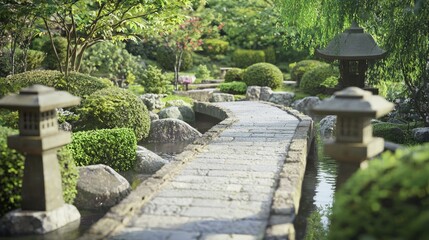 Wall Mural - Scenic Viewpoint from Small Bridge Surrounded by Lush Garden Landscape