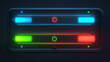 © Nari - Set of game frames, bars and menu buttons cartoon interface elements. Empty borders with banners, ui or gui design blue, red and green scales, play, pause keys, user panel settings isolated vector kit