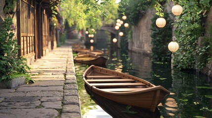 Wall Mural - Tranquil Footpath Along a Serene Canal with Lantern Decor