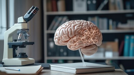 Poster - an image of a brain model with various neurological connections highlighted, placed on a desk with e