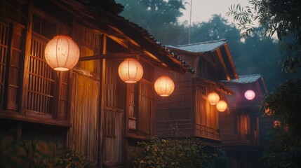 Canvas Print - Early Dawn Serenity in an Older Neighborhood with Lanterns Glowing