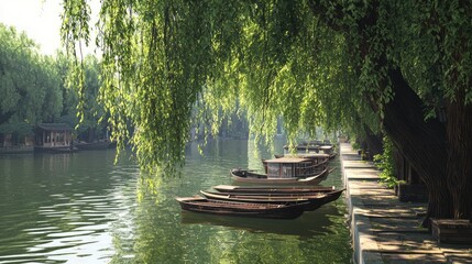 Poster - Tranquil Riverside Promenade with Weeping Willows and Boats