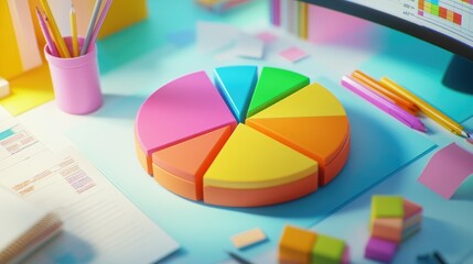 Fototapete - A close-up of a D pie chart on a computer screen, showcasing different colored segments with clear labels, surrounded by office supplies and data reports.