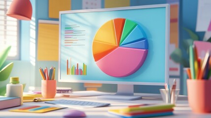 Fototapete - A close-up of a D pie chart on a computer screen, showcasing different colored segments with clear labels, surrounded by office supplies and data reports.