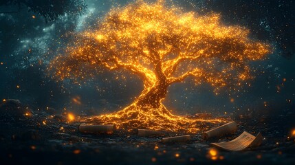 Poster - Glowing Neuron Tree Intertwined with Ancient Scrolls   Symbolizing the Evolution of Knowledge