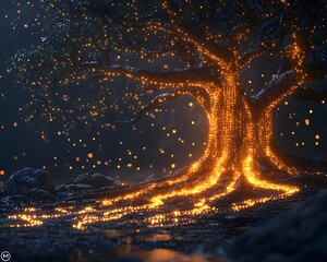 Poster - glowing data tree symbolizing the spread of knowledge through technology