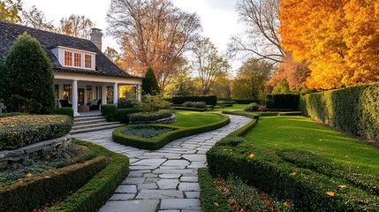 Poster - Autumnal landscape showcasing a charming house with meticulously manicured gardens, stone pathways, and vibrant foliage.