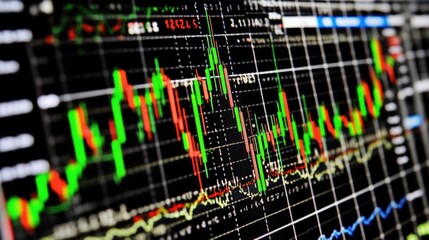 Poster - A close-up of a stock market chart with fluctuating lines and candlestick patterns on a computer screen, highlighting recent changes in stock prices.