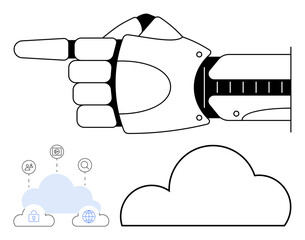 Poster - robotic hand points with index finger cloud computing icons representing security, internet, and com