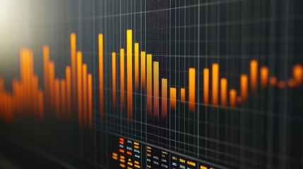 Poster - A detailed view of a financial bar chart on a computer screen, showing various columns representing market data, with a businessperson analyzing the information.