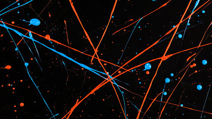 Poster - Dynamic Cyan and Tangerine Paint Splatter Art on Black Backdrop Abstract Expressionism Creation